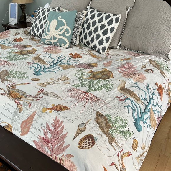 Pottery barn sea life duvet cover coastal birds fish coral king bed pillowcases - Picture 2 of 4